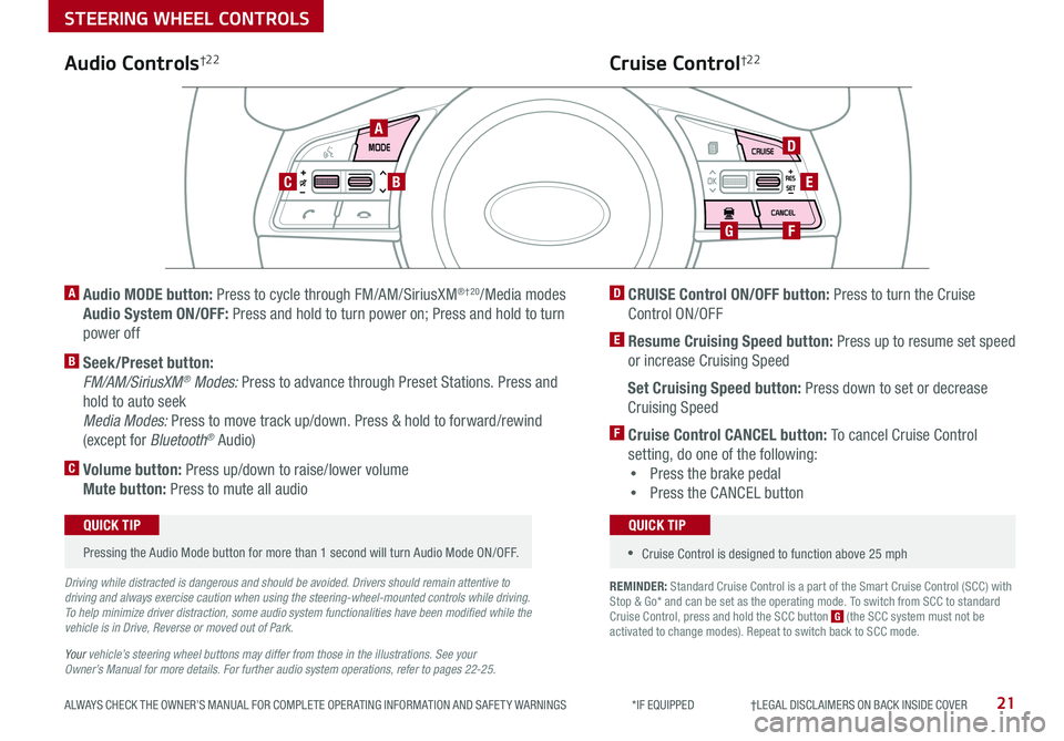 KIA OPTIMA 2019 Features and Functions Guide 21ALWAYS CHECK THE OWNER’S MANUAL FOR COMPLETE OPER ATING INFORMATION AND SAFET Y WARNINGS *IF EQUIPPED †LEGAL DISCL AIMERS ON BACK INSIDE COVER
REMINDER: Standard Cruise Cont KIA OPTIMA 2019 Features and Functions Guide 21ALWAYS CHECK THE OWNER’S MANUAL FOR COMPLETE OPER ATING INFORMATION AND SAFET Y WARNINGS *IF EQUIPPED †LEGAL DISCL AIMERS ON BACK INSIDE COVER
REMINDER: Standard Cruise Cont