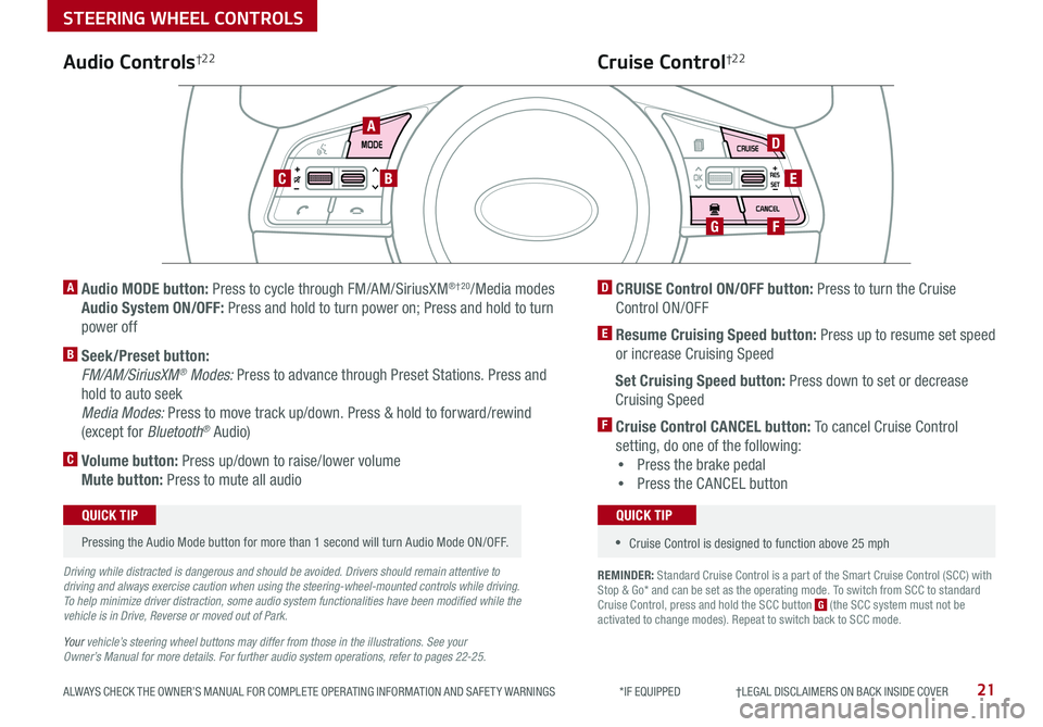 KIA OPTIMA 2019  Features and Functions Guide 21ALWAYS CHECK THE OWNER’S MANUAL FOR COMPLETE OPER ATING INFORMATION AND SAFET Y WARNINGS  *IF EQUIPPED                     †LEGAL DISCL AIMERS ON BACK INSIDE COVER
REMINDER: Standard Cruise Cont