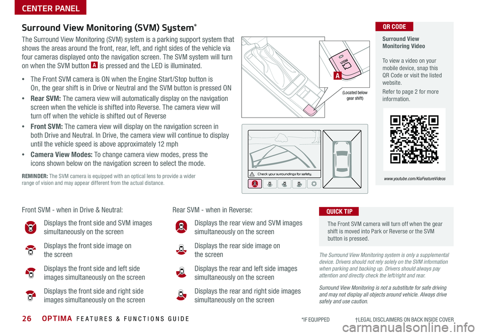 KIA OPTIMA 2019 Features and Functions Guide OPTIMA FEATURES & FUNCTIONS GUIDE26*IF EQUIPPED †LEGAL DISCL AIMERS ON BACK INSIDE COVER
CENTER PANEL
Surround View Monitoring (SVM) System*
The Surround View Monitoring (SVM) s KIA OPTIMA 2019 Features and Functions Guide OPTIMA FEATURES & FUNCTIONS GUIDE26*IF EQUIPPED †LEGAL DISCL AIMERS ON BACK INSIDE COVER
CENTER PANEL
Surround View Monitoring (SVM) System*
The Surround View Monitoring (SVM) s
