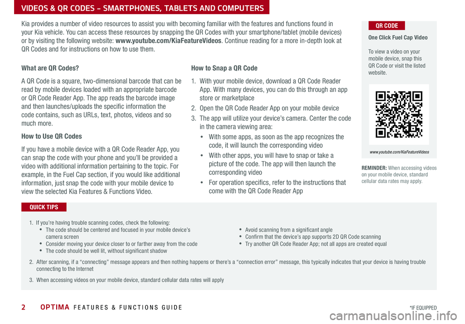 KIA OPTIMA 2019 Features and Functions Guide OPTIMA FEATURES & FUNCTIONS GUIDE2*IF EQUIPPED
VIDEOS & QR CODES - SMARTPHONES, TABLETS AND COMPUTERS
One Click Fuel Cap Video To view a video on your mobile device, snap this QR Code or visit t KIA OPTIMA 2019 Features and Functions Guide OPTIMA FEATURES & FUNCTIONS GUIDE2*IF EQUIPPED
VIDEOS & QR CODES - SMARTPHONES, TABLETS AND COMPUTERS
One Click Fuel Cap Video To view a video on your mobile device, snap this QR Code or visit t