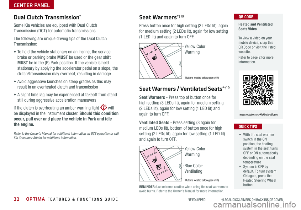 KIA OPTIMA 2019  Features and Functions Guide OPTIMA  FEATURES & FUNCTIONS GUIDE32*IF EQUIPPED                     †LEGAL DISCL AIMERS ON BACK INSIDE COVER
Dual Clutch Transmission*
Some Kia vehicles are equipped with Dual Clutch 
Transmission 