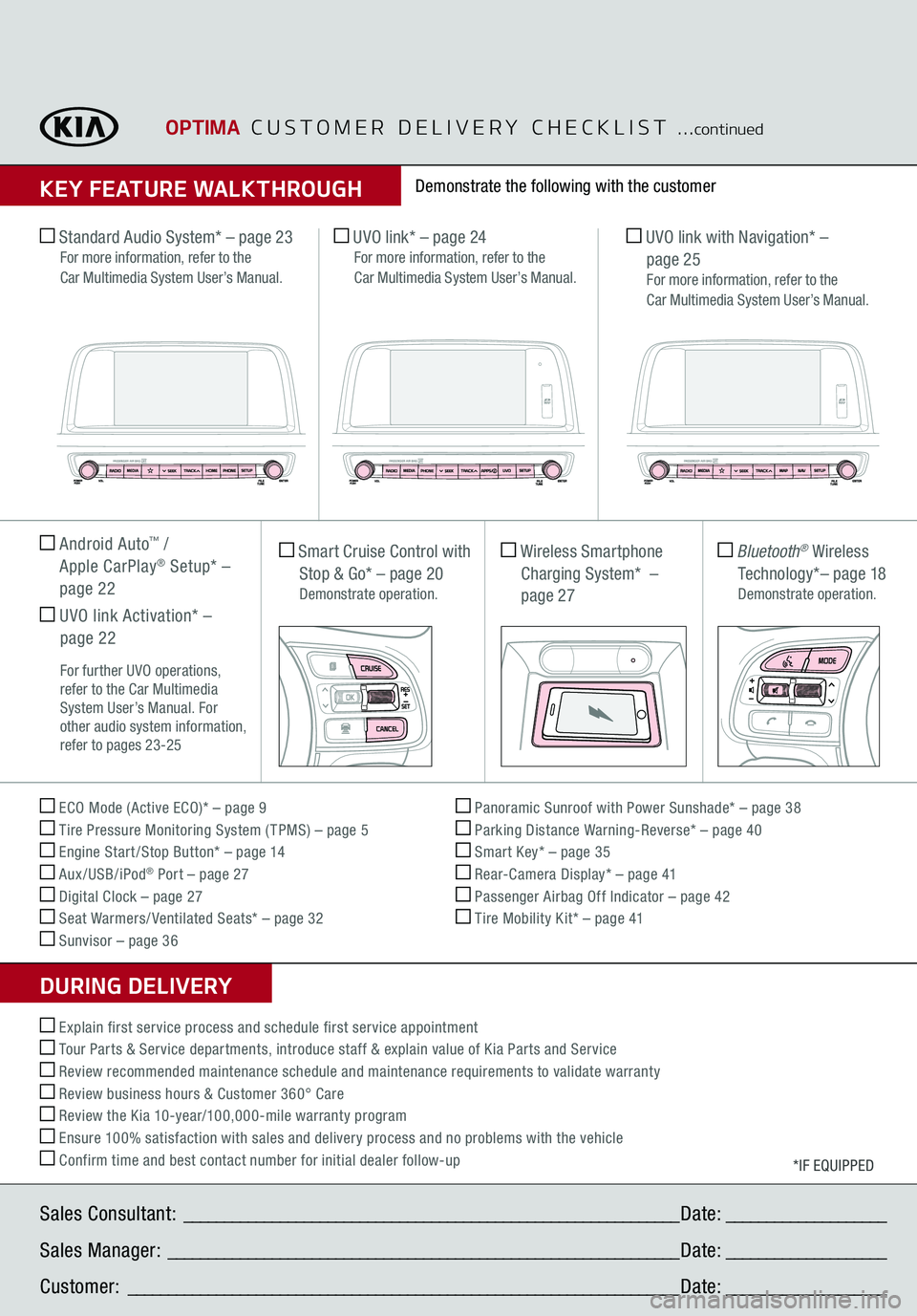 KIA OPTIMA 2019  Features and Functions Guide Sales Consultant: 
 ______________________________________________________________
 Date:
 ____________________
Sales Manager:
 ________________________________________________________________
 Date:
