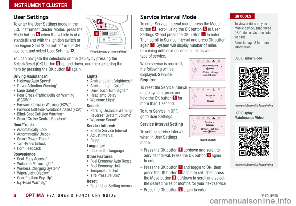 KIA OPTIMA 2019  Features and Functions Guide OPTIMA  FEATURES & FUNCTIONS GUIDE8*IF EQUIPPED 
  To view a video on your mobile device, snap these QR Codes or visit the listed website .
Refer to page 2 for more information  .
LCD Display Video
LC