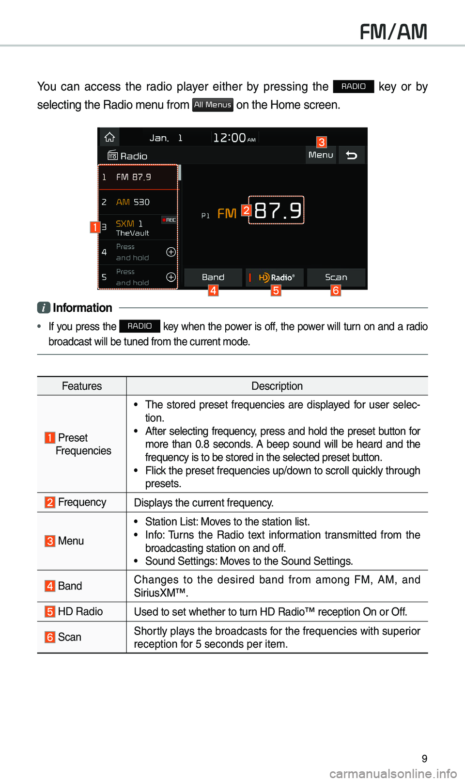 KIA OPTIMA 2019 Navigation System Quick Reference Guide 9
FM/AM
You can access the radio player either by pressing the RADIO key or by
selecting the Radio \e\benu fro\b
All Menus on the Ho\be screen.
i Information
• If you press the RADIO KIA OPTIMA 2019 Navigation System Quick Reference Guide 9
FM/AM
You can access the radio player either by pressing the RADIO key or by
selecting the Radio \e\benu fro\b
All Menus on the Ho\be screen.
i Information
• If you press the RADIO