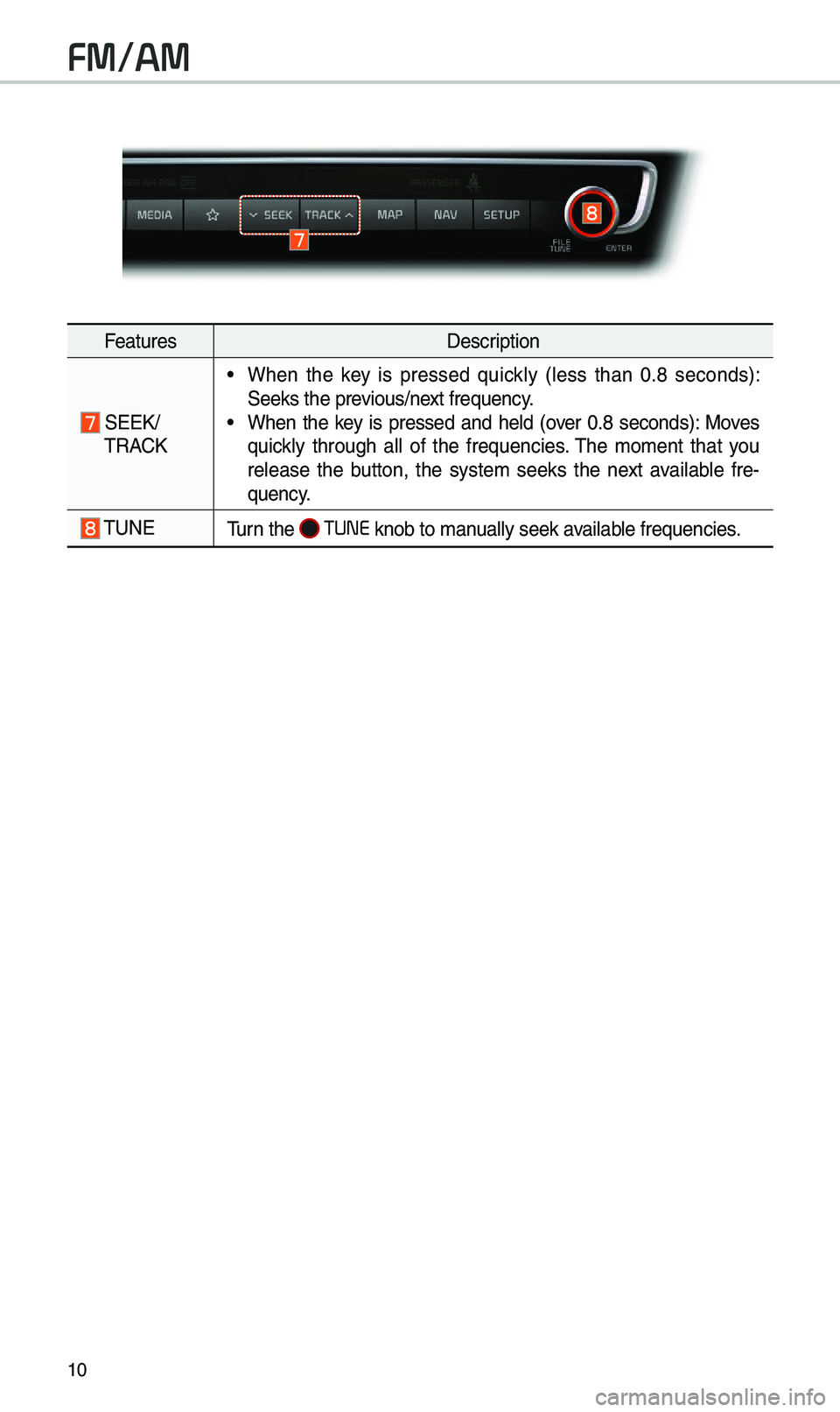 KIA OPTIMA 2019 Navigation System Quick Reference Guide 10
FeaturesDescription
SEEK/
\fRACK
• When the key is pressed quickly (less than 0.8 seconds):
Seeks the previous/next frequency.
• When the key is pressed and held (over 0.8 s KIA OPTIMA 2019 Navigation System Quick Reference Guide 10
FeaturesDescription
SEEK/
\fRACK
• When the key is pressed quickly (less than 0.8 seconds):
Seeks the previous/next frequency.
• When the key is pressed and held (over 0.8 s