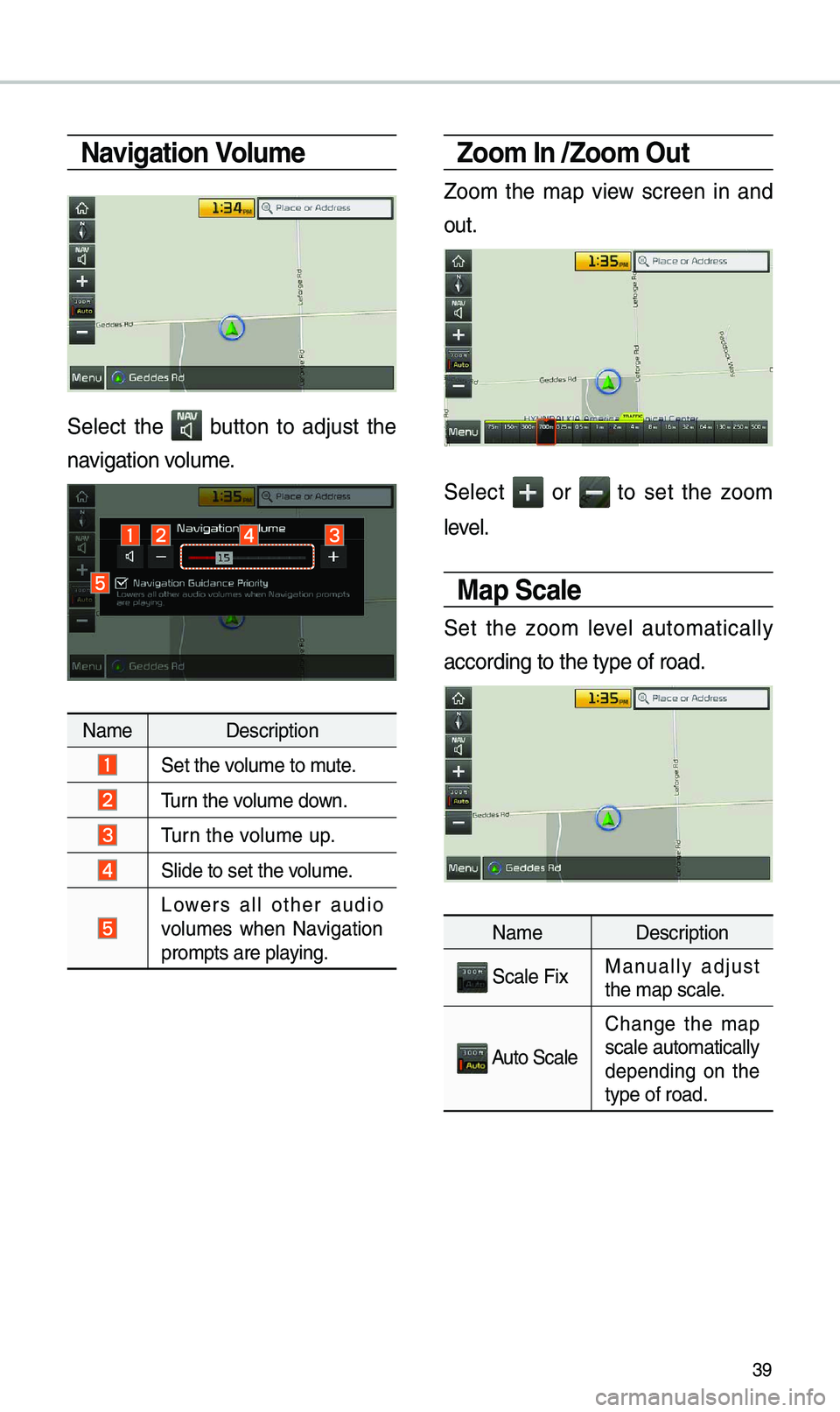 KIA OPTIMA 2019  Navigation System Quick Reference Guide 39
\favigation Volume 
Select  the  button  to  adjust  the 
navigation volu\be.
Na\be Description
 Set the volu\be to \bute.
 \furn the volu\be down.
 \furn the volu\be up.
 
Slide to set the volu\be