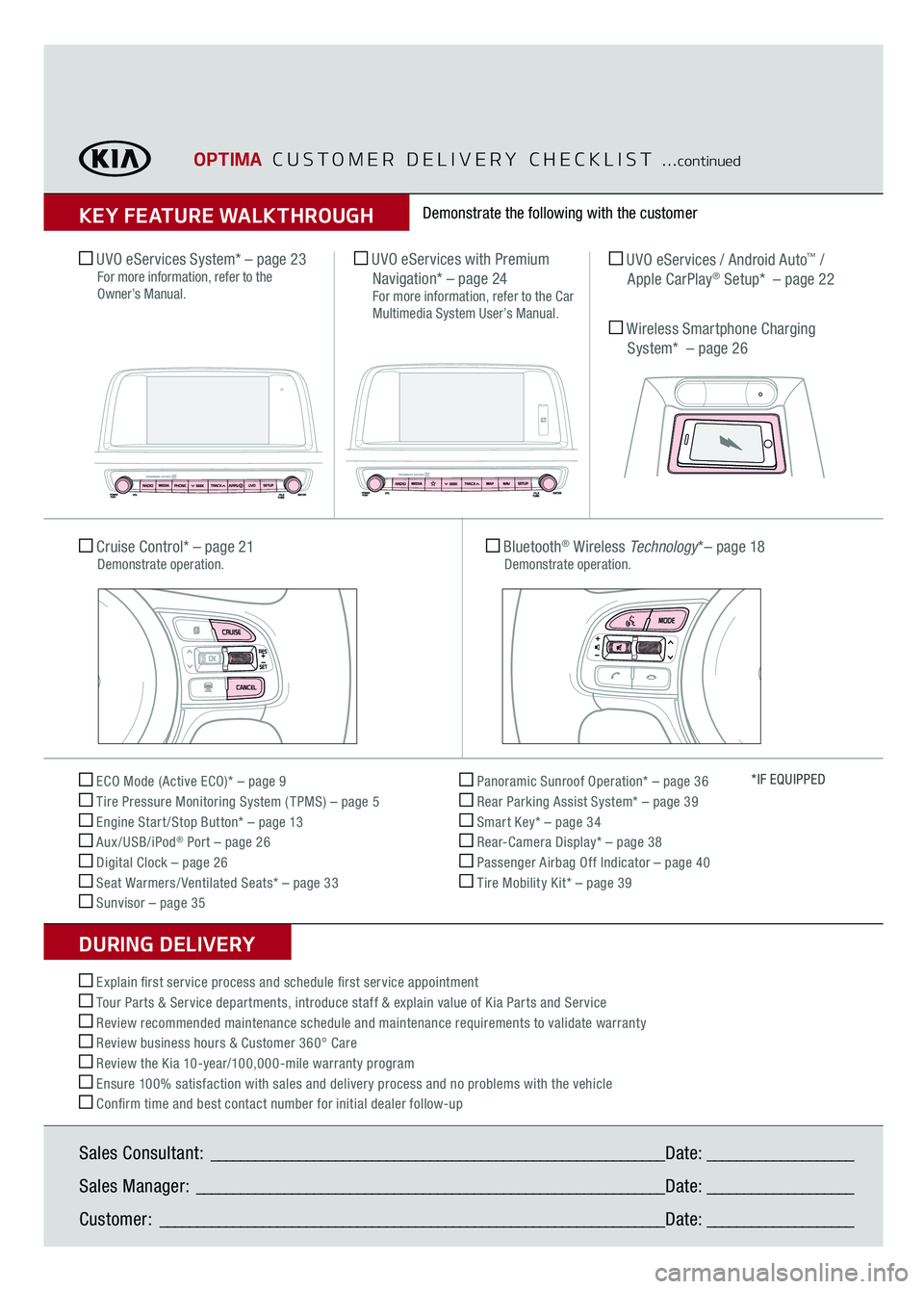 KIA OPTIMA 2018 Features and Functions Guide Sale s Consu lt a n t: ___ ______ ______________________ _____ ___ __ __ __ ___ ________ ___ __ _ Dat e: ___ _____ _______ _____
S ale s M an ag er: ___ ______ ______________________ _____ ___ __ KIA OPTIMA 2018 Features and Functions Guide Sale s Consu lt a n t: ___ ______ ______________________ _____ ___ __ __ __ ___ ________ ___ __ _ Dat e: ___ _____ _______ _____
S ale s M an ag er: ___ ______ ______________________ _____ ___ __