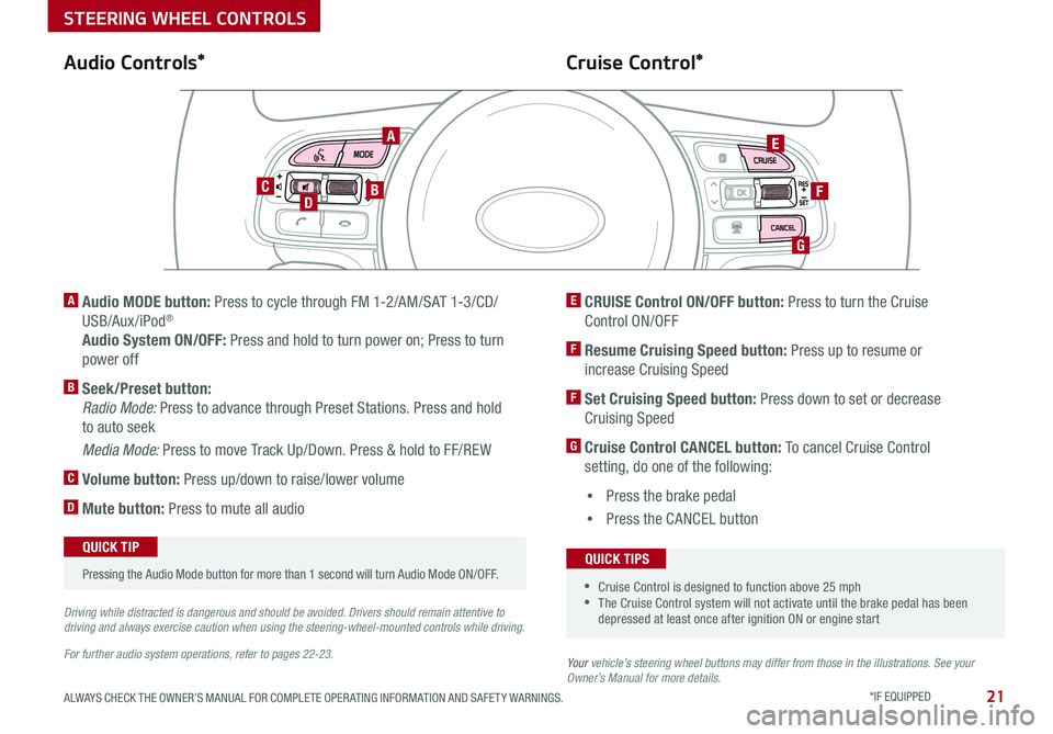 KIA OPTIMA 2017 Features and Functions Guide 21ALWAYS CHECK THE OWNER’S MANUAL FOR COMPLETE OPER ATING INFORMATION AND SAFET Y WARNINGS . *IF EQUIPPED
Your vehicle’s steering wheel buttons may differ from those in the illustrations. See you KIA OPTIMA 2017 Features and Functions Guide 21ALWAYS CHECK THE OWNER’S MANUAL FOR COMPLETE OPER ATING INFORMATION AND SAFET Y WARNINGS . *IF EQUIPPED
Your vehicle’s steering wheel buttons may differ from those in the illustrations. See you