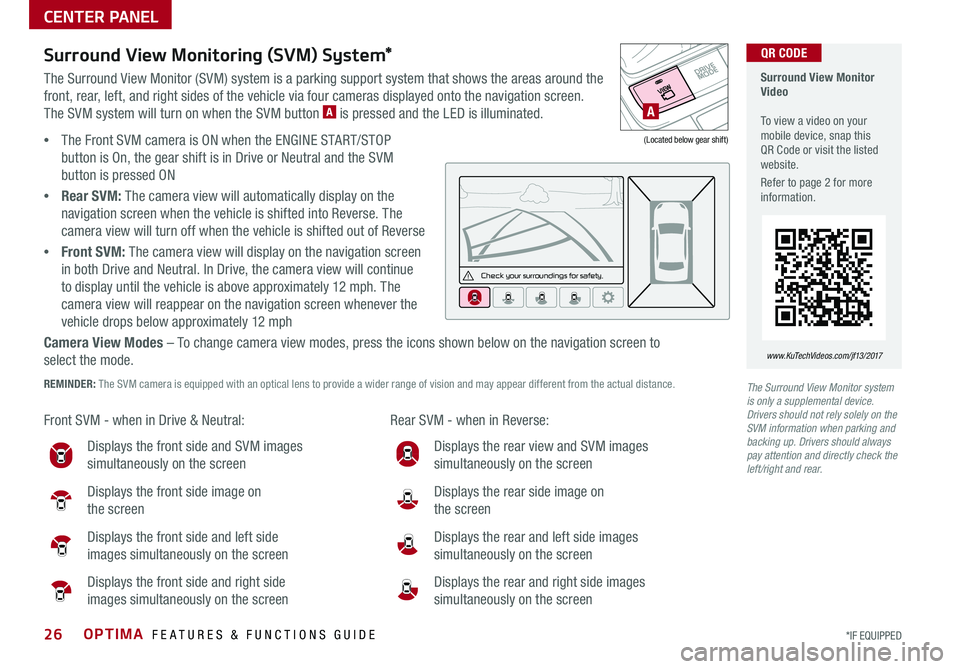 KIA OPTIMA 2017 Features and Functions Guide OPTIMA FEATURES & FUNCTIONS GUIDE26*IF EQUIPPED
Surround View Monitoring (SVM) System*
The Surround View Monitor (SVM) system is a parking support system that shows the areas around the
front, rea KIA OPTIMA 2017 Features and Functions Guide OPTIMA FEATURES & FUNCTIONS GUIDE26*IF EQUIPPED
Surround View Monitoring (SVM) System*
The Surround View Monitor (SVM) system is a parking support system that shows the areas around the
front, rea