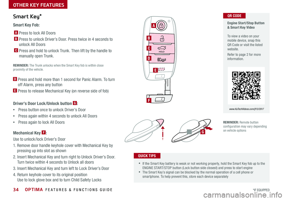 KIA OPTIMA 2017 Features and Functions Guide OPTIMA FEATURES & FUNCTIONS GUIDE34*IF EQUIPPED
Smart Key Fob:
A Press to lock All Doors
B Press to unlock Driver’s Door . Press twice in 4 seconds to
unlock All Doors
C Press and hold to u KIA OPTIMA 2017 Features and Functions Guide OPTIMA FEATURES & FUNCTIONS GUIDE34*IF EQUIPPED
Smart Key Fob:
A Press to lock All Doors
B Press to unlock Driver’s Door . Press twice in 4 seconds to
unlock All Doors
C Press and hold to u