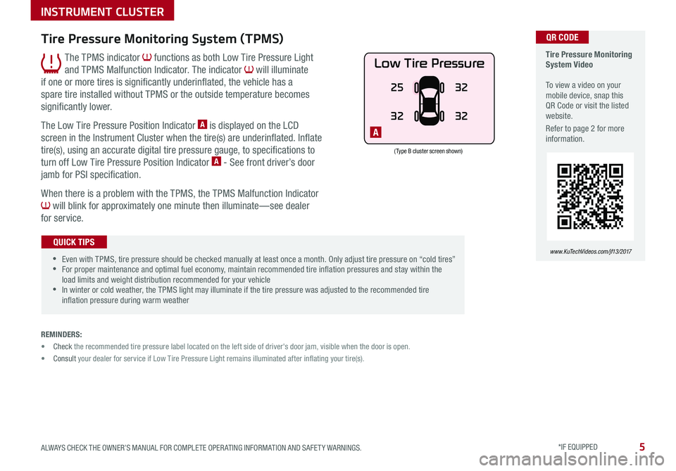 KIA OPTIMA 2017  Features and Functions Guide 5ALWAYS CHECK THE OWNER’S MANUAL FOR COMPLETE OPER ATING INFORMATION AND SAFET Y WARNINGS . *IF EQUIPPED 
  Tire Pressure Monitoring System Video   To view a video on your mobile device, snap this Q