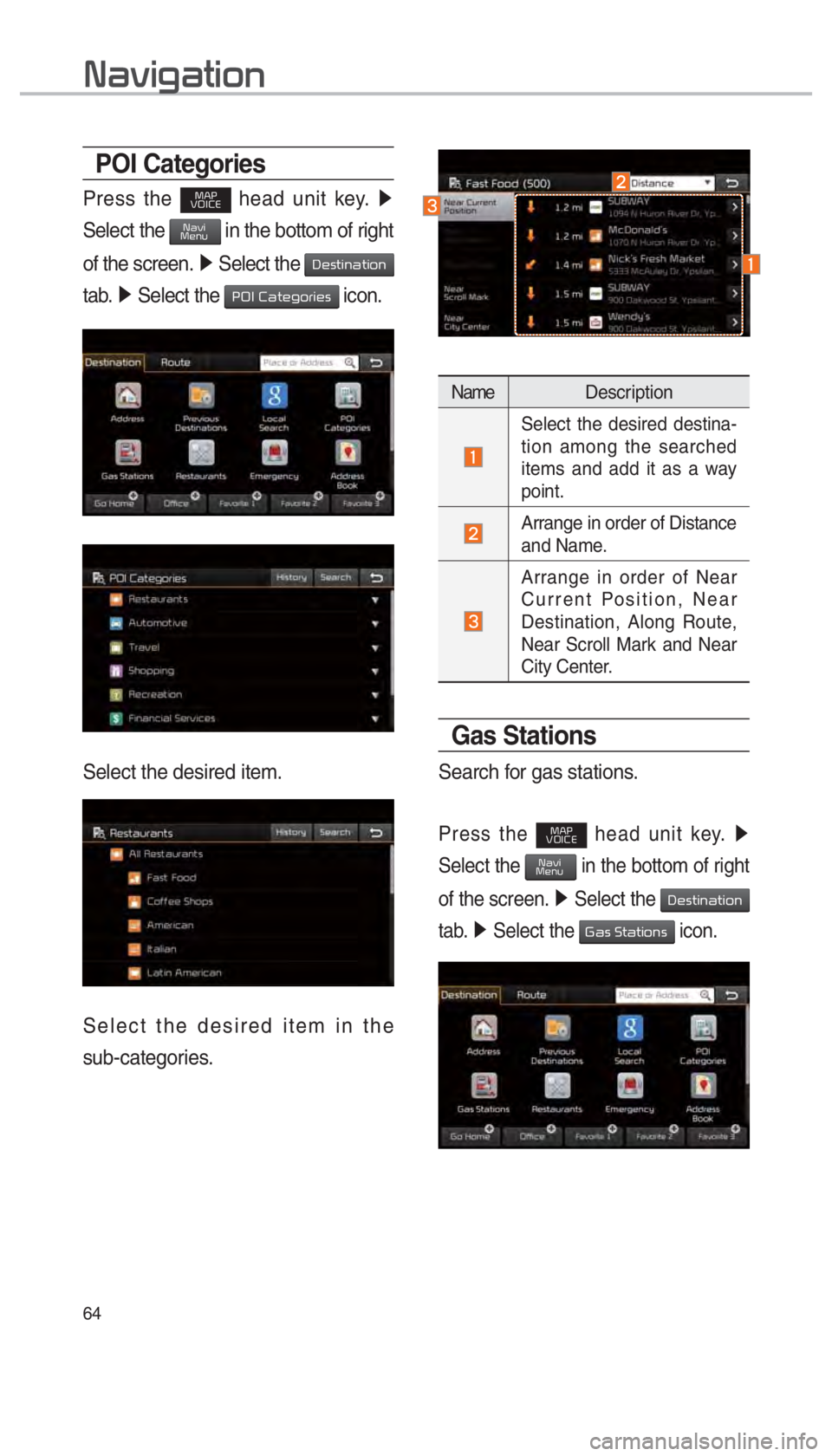 KIA OPTIMA 2017  Navigation System Quick Reference Guide 64
POI Categories
Press the MAP
VOICE head unit key.  0521 
Select the NaviMenu in the bottom of right 
of the screen.  0521
 Select the 
Destination 
tab.  0521
 Select the 
POI Categories icon.
Sele