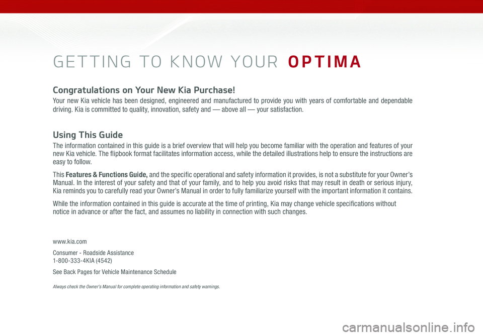 KIA OPTIMA 2016 Features and Functions Guide GETTING TO KNOW YOUR OPTIMA
Congratulations on Your New Kia Purchase!
Your new Kia vehicle has been designed, engineered and manufactured to provide you with years of comfortable and dependable
driv KIA OPTIMA 2016 Features and Functions Guide GETTING TO KNOW YOUR OPTIMA
Congratulations on Your New Kia Purchase!
Your new Kia vehicle has been designed, engineered and manufactured to provide you with years of comfortable and dependable
driv
