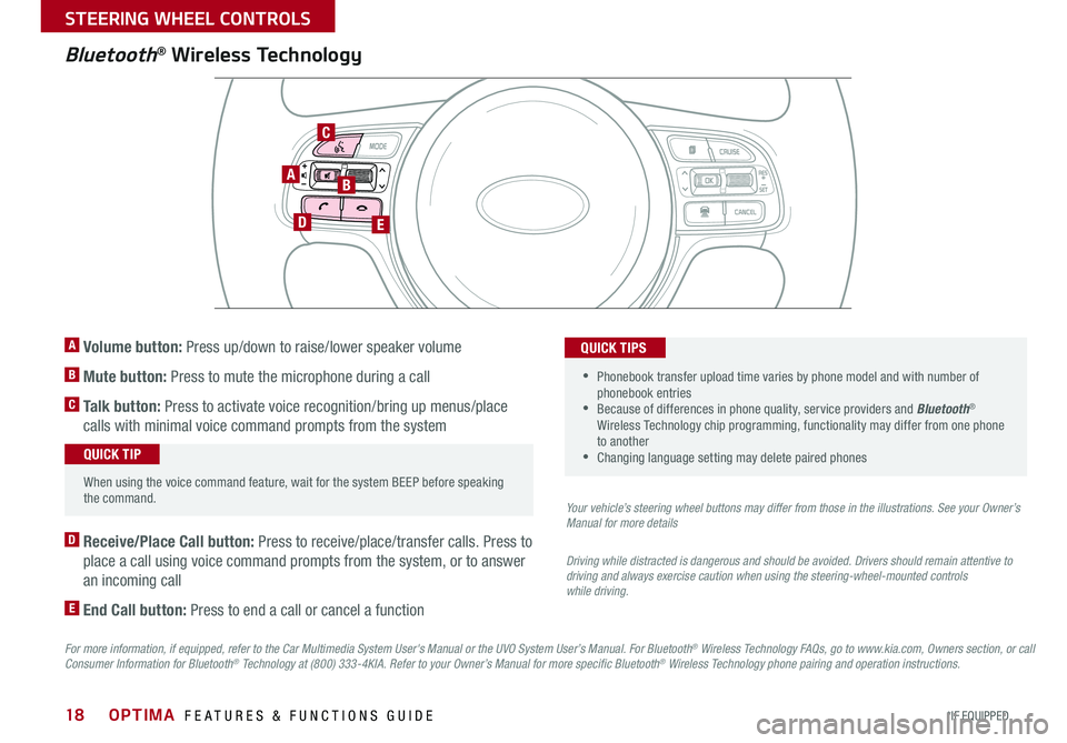 KIA OPTIMA 2016  Features and Functions Guide 18
Bluetooth® Wireless Technology
For more information, if equipped, refer to the Car Multimedia System User's Manual or the UVO System User’s Manual. For Bluetooth® Wireless Technology FAQs, 