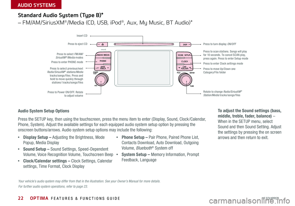 KIA OPTIMA 2016  Features and Functions Guide 22
Press to turn display ON/OFF
Audio System Setup Options
Press the SETUP key, then using the touchscreen, press the menu item to enter (Display, Sound, Clock /Calendar, 
Phone, System) . Adjust the 