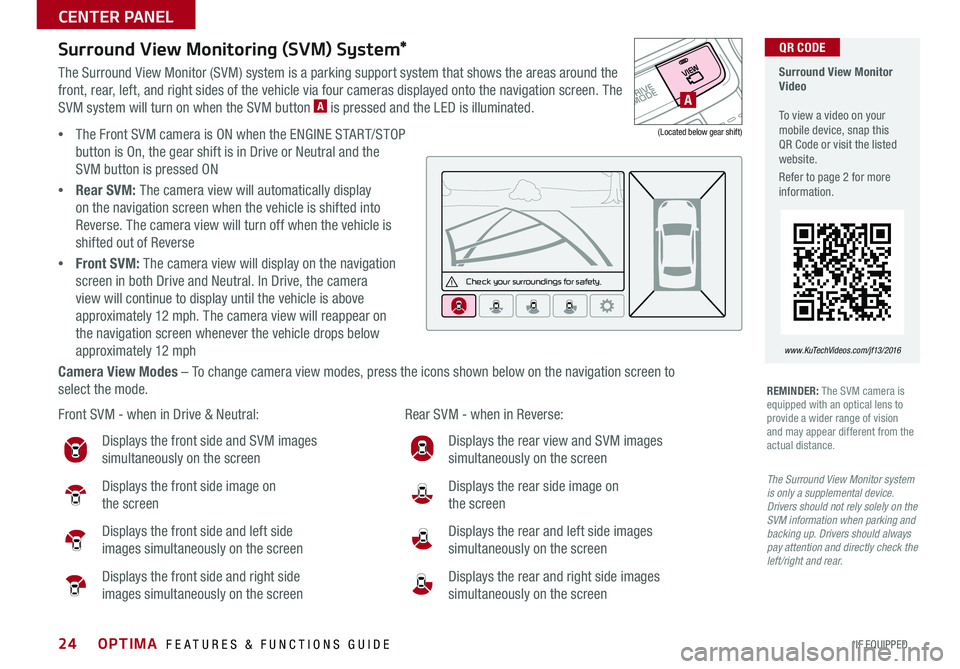 KIA OPTIMA 2016 Features and Functions Guide 24
Surround View Monitoring (SVM) System*
The Surround View Monitor (SVM) system is a parking support system that shows the areas around the
front, rear, left, and right sides of the vehicle via four KIA OPTIMA 2016 Features and Functions Guide 24
Surround View Monitoring (SVM) System*
The Surround View Monitor (SVM) system is a parking support system that shows the areas around the
front, rear, left, and right sides of the vehicle via four