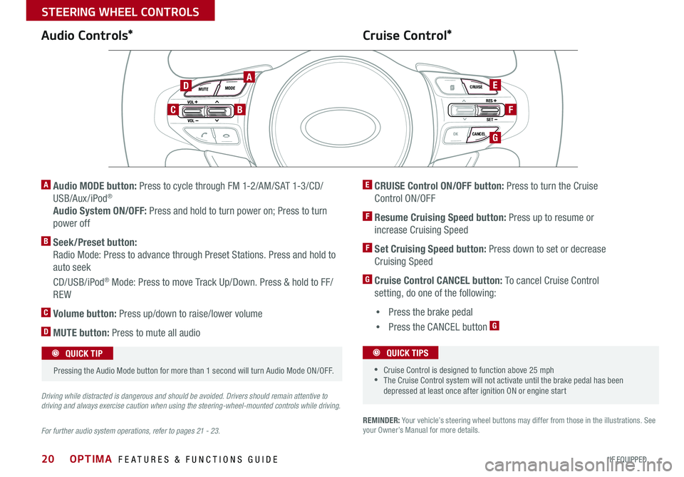KIA OPTIMA 2015 Features and Functions Guide 20
REMINDER: Your vehicle’s steering wheel buttons may differ from those in the illustrations . See your Owner’s Manual for more details .
Audio Controls*Cruise Control*
E CRUISE Control ON/OFF b KIA OPTIMA 2015 Features and Functions Guide 20
REMINDER: Your vehicle’s steering wheel buttons may differ from those in the illustrations . See your Owner’s Manual for more details .
Audio Controls*Cruise Control*
E CRUISE Control ON/OFF b