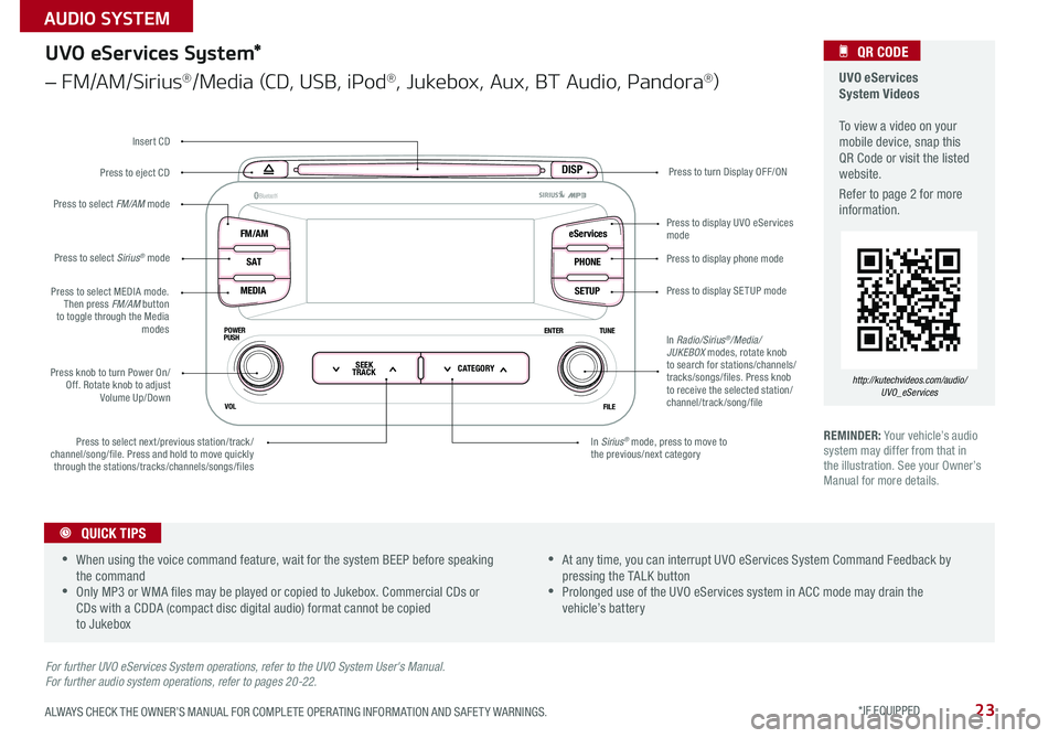 KIA OPTIMA 2015 Features and Functions Guide 23
UVO eServices System Videos To view a video on your mobile device, snap this QR Code or visit the listed website .
Refer to page 2 for more information .
QR CODE
http://kutechvideos.com/au KIA OPTIMA 2015 Features and Functions Guide 23
UVO eServices System Videos To view a video on your mobile device, snap this QR Code or visit the listed website .
Refer to page 2 for more information .
QR CODE
http://kutechvideos.com/au