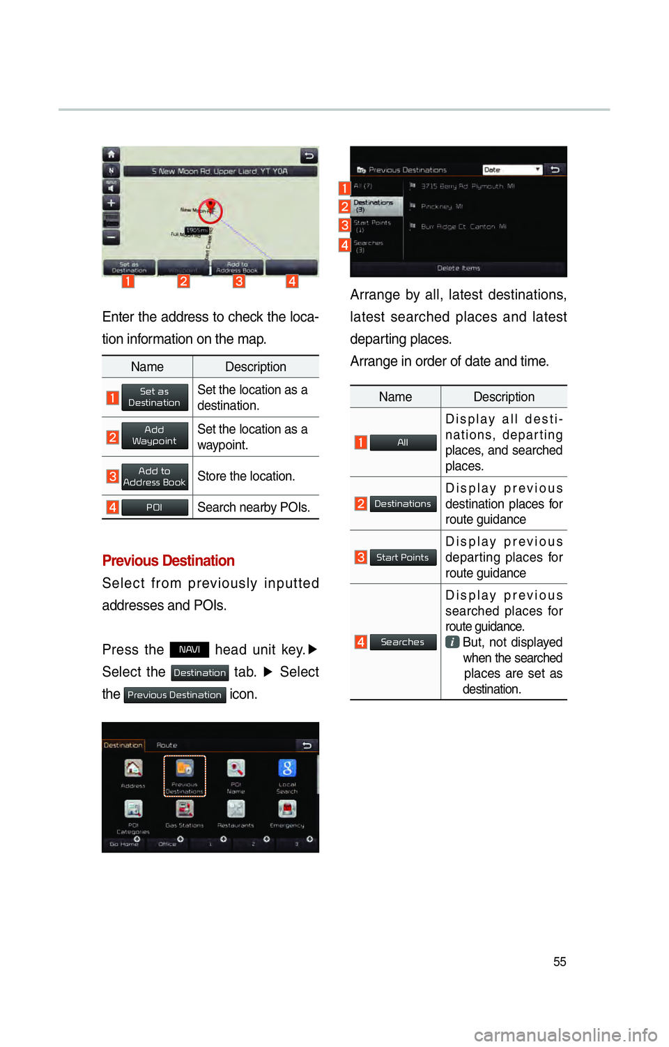 KIA OPTIMA 2015 Navigation System Quick Reference Guide 55
Enter the address to check the loca-
tion information on the map.
Previous Destination
Select from previously inputted
addresses and POIs.
Press the
NAVI head unit key.▶
Select the
002700480 KIA OPTIMA 2015 Navigation System Quick Reference Guide 55
Enter the address to check the loca-
tion information on the map.
Previous Destination
Select from previously inputted
addresses and POIs.
Press the
NAVI head unit key.▶
Select the
002700480