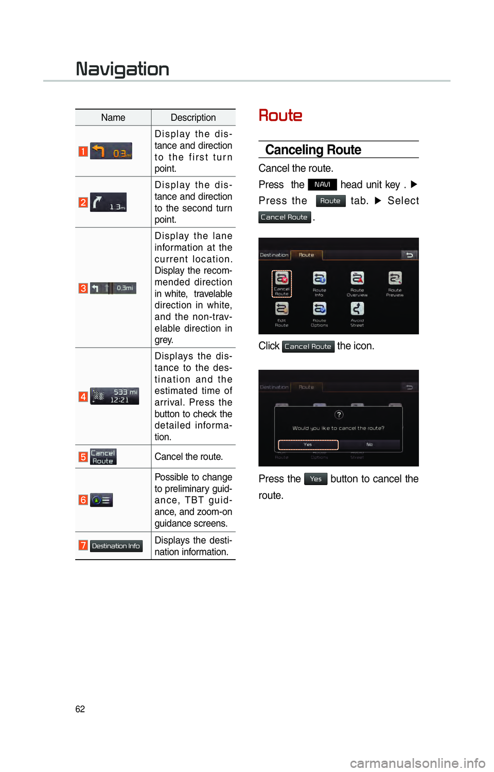 KIA OPTIMA 2015 Navigation System Quick Reference Guide 62
00350052005800570048
Canceling Route
Cancel the route.
Press the
NAVI head unit key . ▶
Press the
Route tab. ▶
Select
Cancel Route .
Click Cancel Route the icon.
Press the Yes button KIA OPTIMA 2015 Navigation System Quick Reference Guide 62
00350052005800570048
Canceling Route
Cancel the route.
Press the
NAVI head unit key . ▶
Press the
Route tab. ▶
Select
Cancel Route .
Click Cancel Route the icon.
Press the Yes button