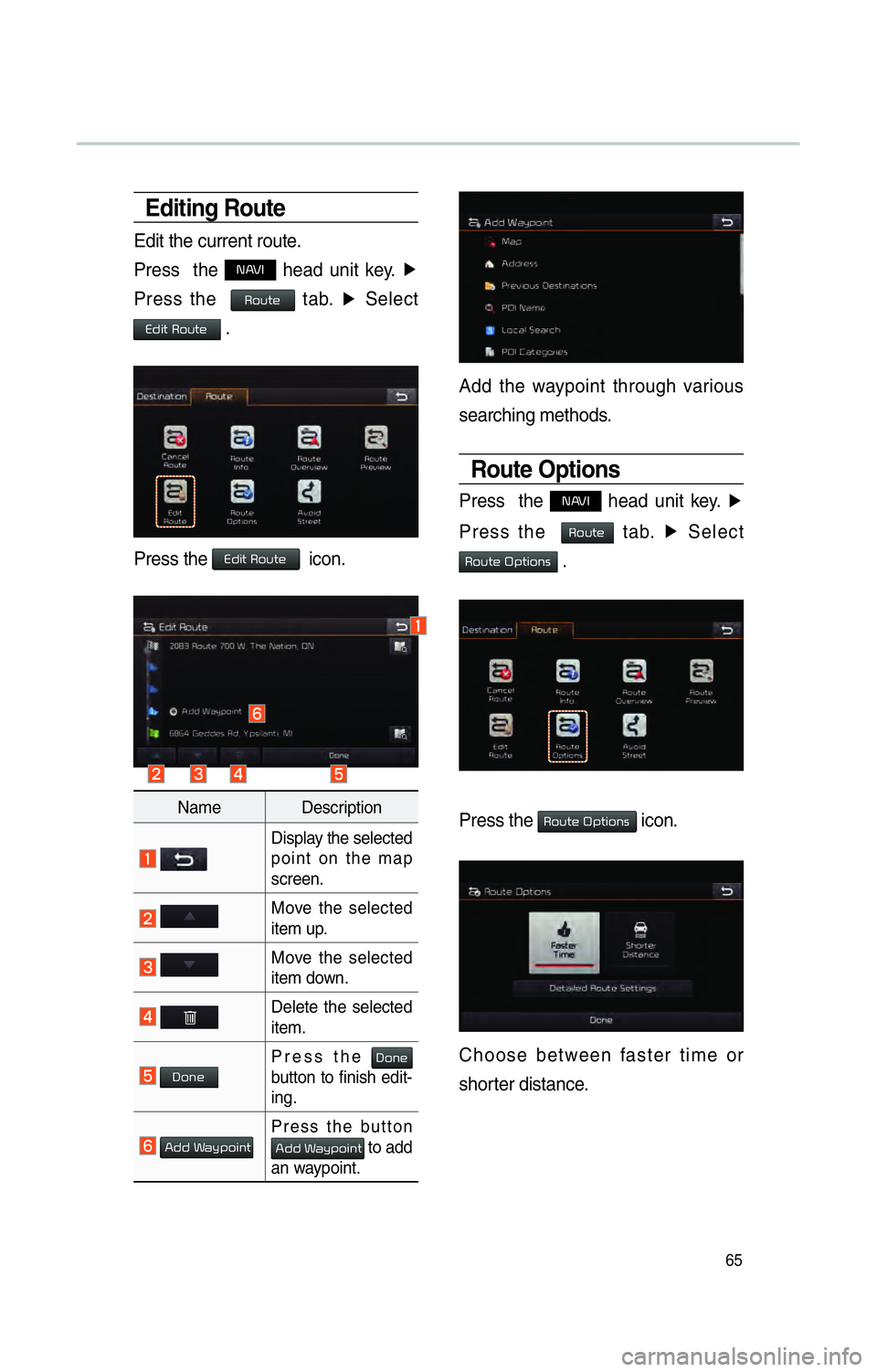 KIA OPTIMA 2015 Navigation System Quick Reference Guide 65
Editing Route
Edit the current route.
Press the
NAVI head unit key. ▶
Press the
Route tab. ▶
Select
Edit Route .
Press the Edit Route icon.
Name Description
Display the selected
p KIA OPTIMA 2015 Navigation System Quick Reference Guide 65
Editing Route
Edit the current route.
Press the
NAVI head unit key. ▶
Press the
Route tab. ▶
Select
Edit Route .
Press the Edit Route icon.
Name Description
Display the selected
p
