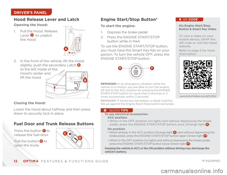 KIA OPTIMA 2014  Features and Functions Guide OPTIMA  
FEATURES & FUNCTIONS GUIDE
12
*IF EQUIPPED 
Hood Release Lever and Latch
A
B
Opening the Hood:
1 .  Pull the Hood  Release   
Lever 
A  to unlatch        
the Hood  
 
 
 
2 .  In the front o