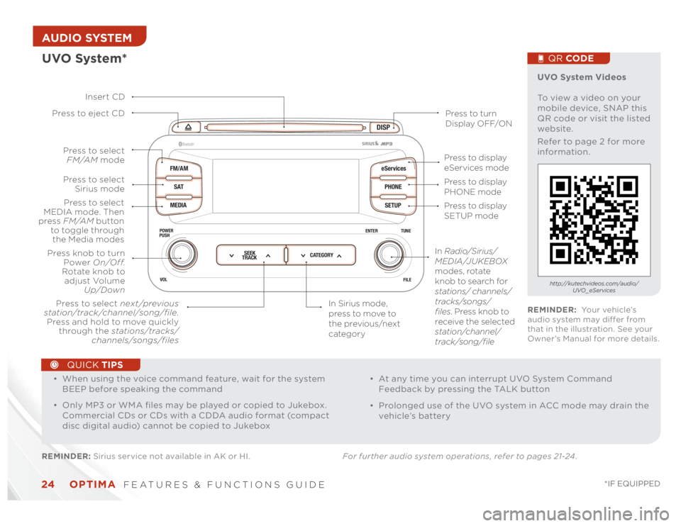 KIA OPTIMA 2014 Features and Functions Guide OPTIMA
FEATURES & FUNCTIONS GUIDE
24
*IF EQUIPPED
AUDIO SYSTEM
DISP
FM/AM
SAT
MEDIAeServices
PHONE
SETUP
ENTER TUNE
FILE POWER
PUSH
VOL
Bluetooth
®
SEEK
TRACKCATEGORY
UVO System*REMINDER: Sirius KIA OPTIMA 2014 Features and Functions Guide OPTIMA
FEATURES & FUNCTIONS GUIDE
24
*IF EQUIPPED
AUDIO SYSTEM
DISP
FM/AM
SAT
MEDIAeServices
PHONE
SETUP
ENTER TUNE
FILE POWER
PUSH
VOL
Bluetooth
®
SEEK
TRACKCATEGORY
UVO System*REMINDER: Sirius