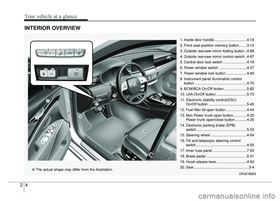 KIA K900 2020 Owners Manual Your vehicle at a glance
42
INTERIOR OVERVIEW
1. Inside door handle.................................4-18
2. Front seat position memory button........3-13
3. Outside rearview mirror folding button ..4- KIA K900 2020 Owners Manual Your vehicle at a glance
42
INTERIOR OVERVIEW
1. Inside door handle.................................4-18
2. Front seat position memory button........3-13
3. Outside rearview mirror folding button ..4-