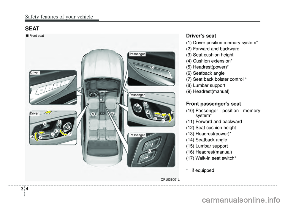 KIA K900 2020  Owners Manual Safety features of your vehicle
43
Driver’s seat
(1) Driver position memory system*
(2) Forward and backward
(3) Seat cushion height
(4) Cushion extension*
(5) Headrest(power)*
(6) Seatback angle
(7