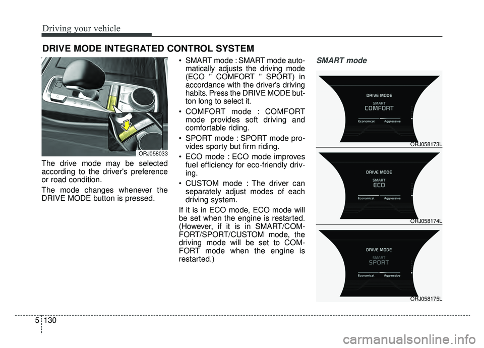 KIA K900 2020 Owners Manual Driving your vehicle
130
5
The drive mode may be selected
according to the drivers preference
or road condition.
The mode changes whenever the
DRIVE MODE button is pressed. SMART mode : SMART mode a KIA K900 2020 Owners Manual Driving your vehicle
130
5
The drive mode may be selected
according to the drivers preference
or road condition.
The mode changes whenever the
DRIVE MODE button is pressed. SMART mode : SMART mode a