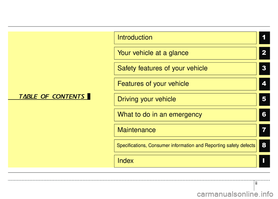 KIA K900 2020  Owners Manual ii
table of contents
1
2
3
4
5
6
7
8I
Introduction
Your vehicle at a glance
Safety features of your vehicle
Features of your vehicle
Driving your vehicle
What to do in an emergency
Maintenance
Specifi