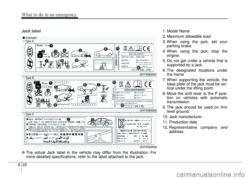 KIA K900 2020 Owners Manual What to do in an emergency
22
6
Jack label1. Model Name
2. Maximum allowable load
3. When using the jack, set your
parking brake.
4. When using the jack, stop the engine.
5. Do not get under a vehicle KIA K900 2020 Owners Manual What to do in an emergency
22
6
Jack label1. Model Name
2. Maximum allowable load
3. When using the jack, set your
parking brake.
4. When using the jack, stop the engine.
5. Do not get under a vehicle