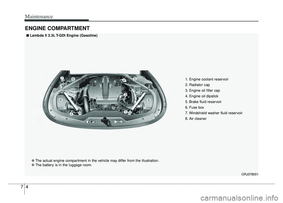 KIA K900 2020 Owners Manual Maintenance
47
ENGINE COMPARTMENT
ORJ078001
■ ■Lambda II 3.3L T-GDI Engine (Gasoline)❈ The actual engine compartment in the vehicle may differ from the illustration.
❈ The battery is in the lu KIA K900 2020 Owners Manual Maintenance
47
ENGINE COMPARTMENT
ORJ078001
■ ■Lambda II 3.3L T-GDI Engine (Gasoline)❈ The actual engine compartment in the vehicle may differ from the illustration.
❈ The battery is in the lu