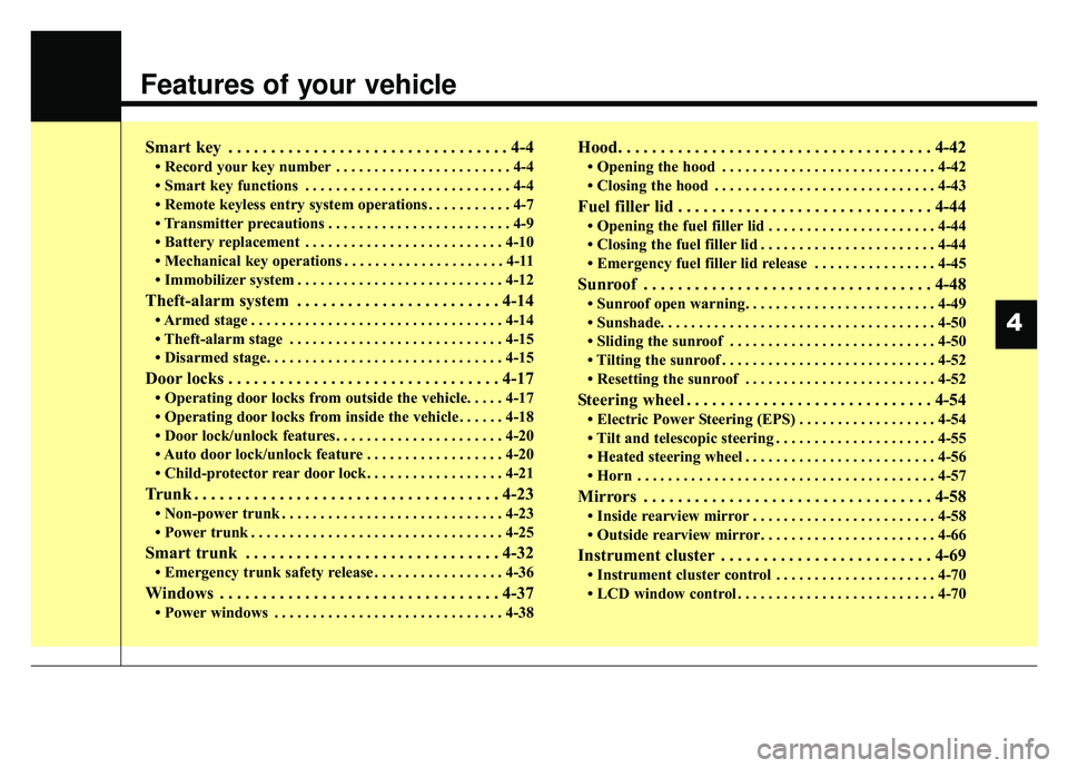 KIA K900 2020  Owners Manual Features of your vehicle
Smart key . . . . . . . . . . . . . . . . . . . . . . . . . . . . . . . . . 4-4
• Record your key number . . . . . . . . . . . . . . . . . . . . . . . 4-4
• Smart key func