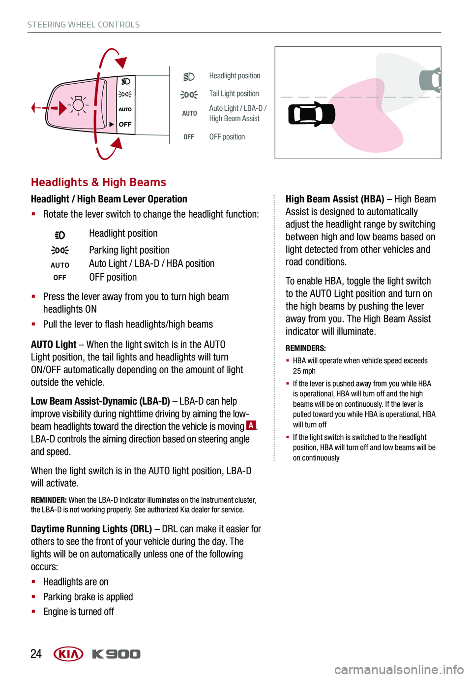 KIA K900 2020 Features and Functions Guide STEERING WHEEL CONTROLS
24
Headlight position
Tail Light position
AUTOAuto Light / LBA-D / High Beam Assist
OFFOFF position
Headlights & High Beams
AUTO Light – When the light switch is in the AUT KIA K900 2020 Features and Functions Guide STEERING WHEEL CONTROLS
24
Headlight position
Tail Light position
AUTOAuto Light / LBA-D / High Beam Assist
OFFOFF position
Headlights & High Beams
AUTO Light – When the light switch is in the AUT