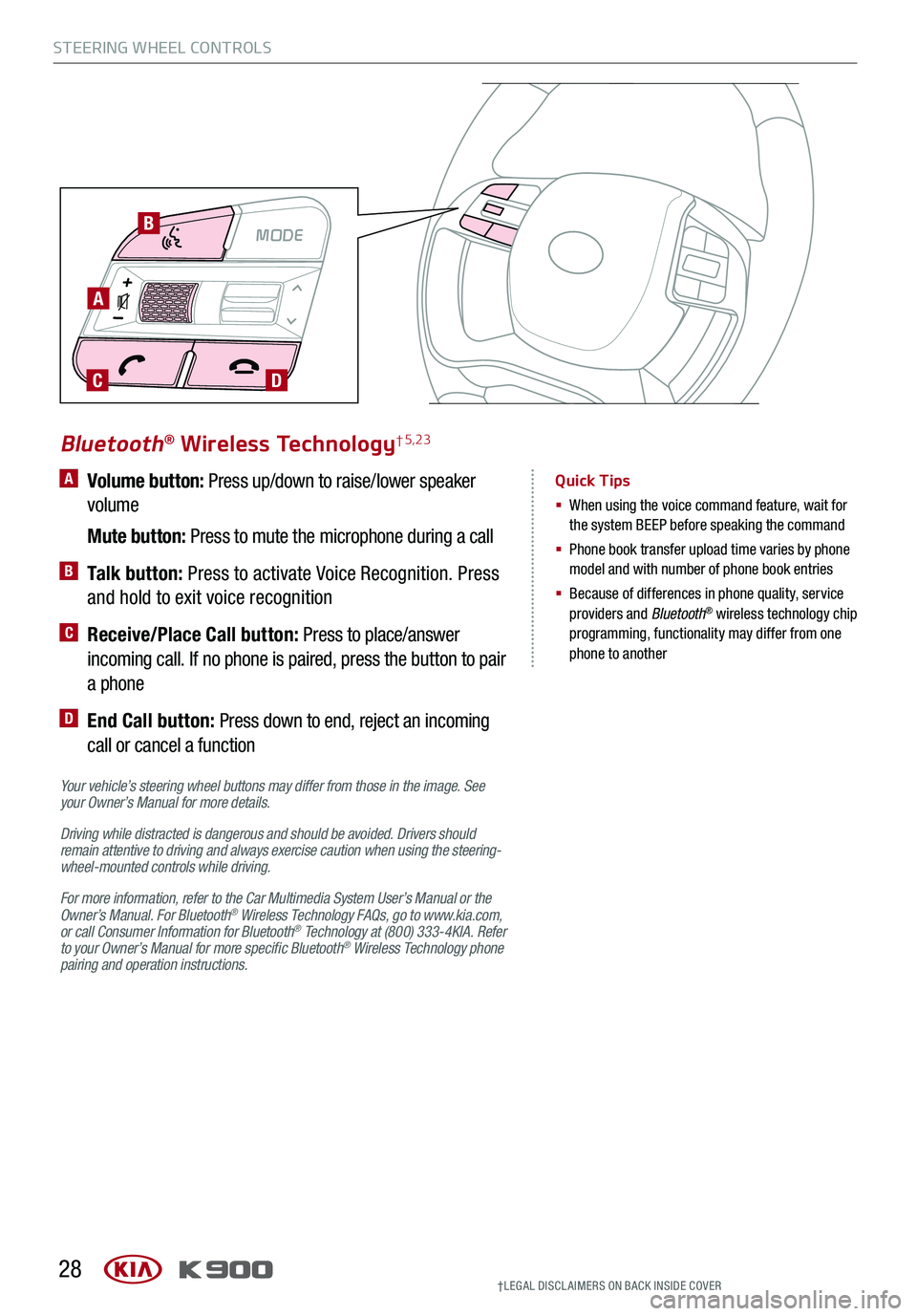 KIA K900 2020 Features and Functions Guide STEERING WHEEL CONTROLS
28
A Volume button: Press up/down to raise/lower speaker
volume
Mute button: Press to mute the microphone during a call
B Talk button: Press to activate Voice Recognitio KIA K900 2020 Features and Functions Guide STEERING WHEEL CONTROLS
28
A Volume button: Press up/down to raise/lower speaker
volume
Mute button: Press to mute the microphone during a call
B Talk button: Press to activate Voice Recognitio