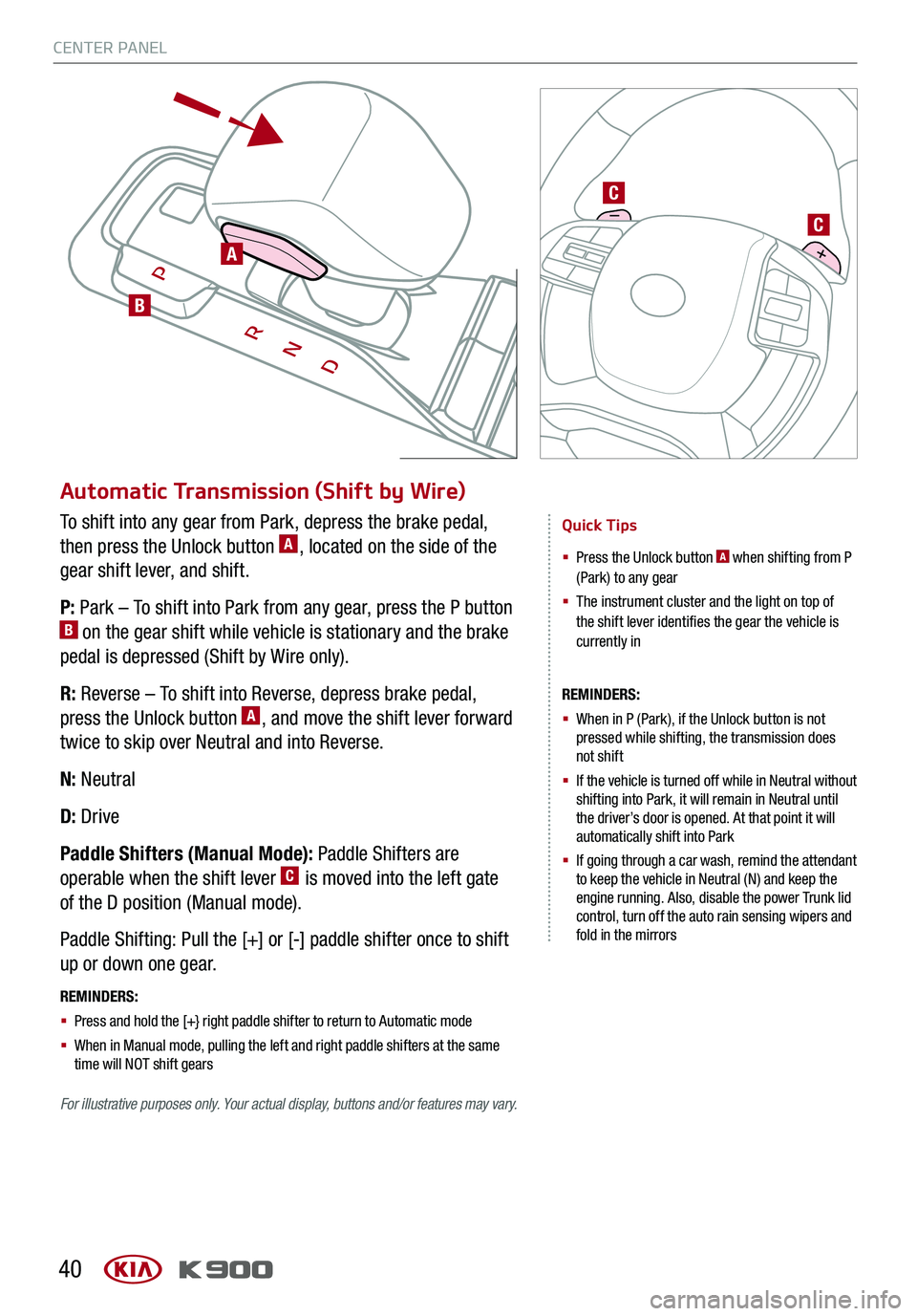 KIA K900 2020  Features and Functions Guide CENTER PANEL
40
Automatic Transmission (Shift by Wire)
Quick Tips
§   Press the Unlock button A when shifting from P (Park) to any gear
§   The instrument cluster and the light on top of the shift l