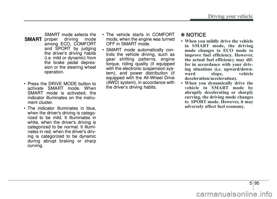 KIA K900 2019 Owners Manual 595
Driving your vehicle
SMART mode selects the
proper driving mode
among ECO, COMFORT
and SPORT by judging
the drivers driving habits
(i.e. mild or dynamic) from
the brake pedal depres-
sion or the KIA K900 2019 Owners Manual 595
Driving your vehicle
SMART mode selects the
proper driving mode
among ECO, COMFORT
and SPORT by judging
the drivers driving habits
(i.e. mild or dynamic) from
the brake pedal depres-
sion or the