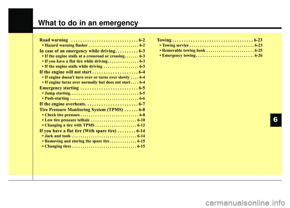 KIA K900 2019  Owners Manual What to do in an emergency
Road warning . . . . . . . . . . . . . . . . . . . . . . . . . . . . . 6-2
• Hazard warning flasher . . . . . . . . . . . . . . . . . . . . . . . . 6-2
In case of an emerg