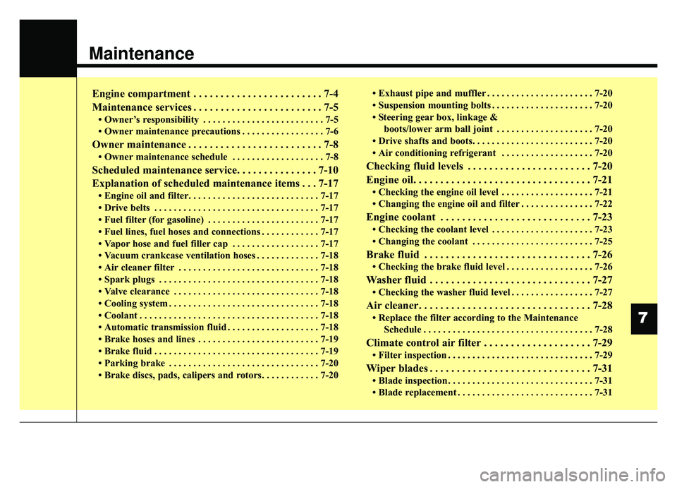 KIA K900 2019  Owners Manual Maintenance
Engine compartment . . . . . . . . . . . . . . . . . . . . . . . . 7-4
Maintenance services . . . . . . . . . . . . . . . . . . . . . . . . 7-5
• Owner’s responsibility . . . . . . . .