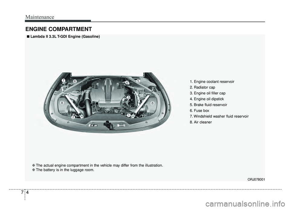 KIA K900 2019 Owners Manual Maintenance
47
ENGINE COMPARTMENT
ORJ078001
■ ■Lambda II 3.3L T-GDI Engine (Gasoline)❈ The actual engine compartment in the vehicle may differ from the illustration.
❈ The battery is in the lu KIA K900 2019 Owners Manual Maintenance
47
ENGINE COMPARTMENT
ORJ078001
■ ■Lambda II 3.3L T-GDI Engine (Gasoline)❈ The actual engine compartment in the vehicle may differ from the illustration.
❈ The battery is in the lu