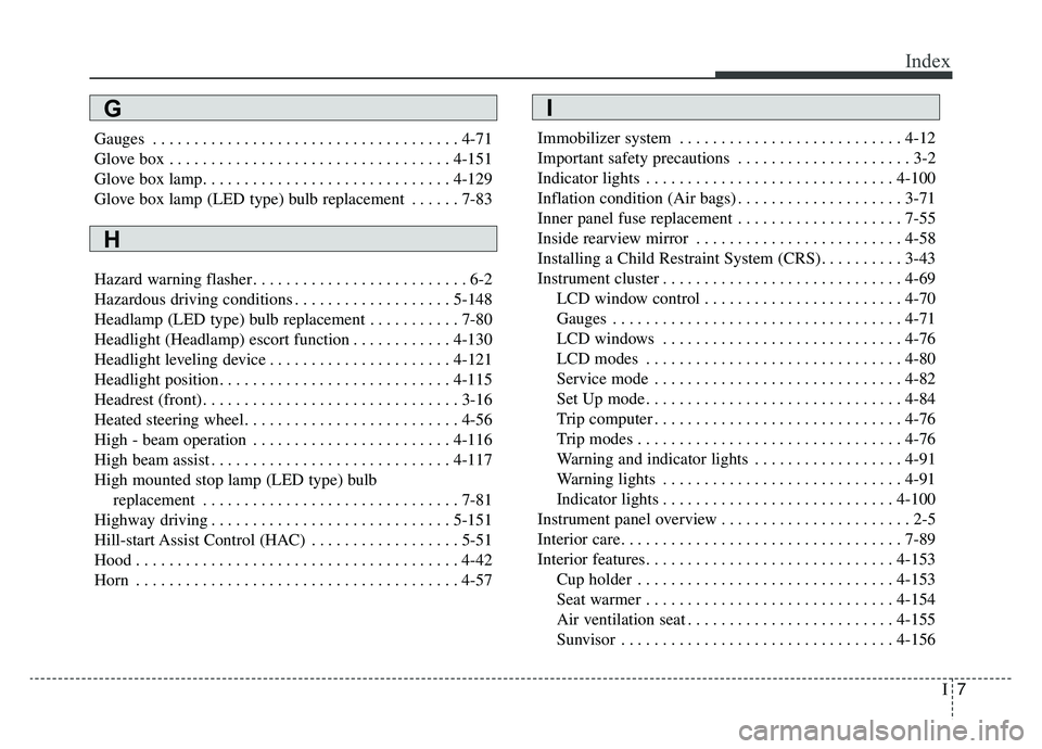 KIA K900 2019  Owners Manual I7
Index
Gauges . . . . . . . . . . . . . . . . . . . . . . . . . . . . . . . . . . . . \
. 4-71
Glove box . . . . . . . . . . . . . . . . . . . . . . . . . . . . . . . . . . 4-15\
1
Glove box lamp. .