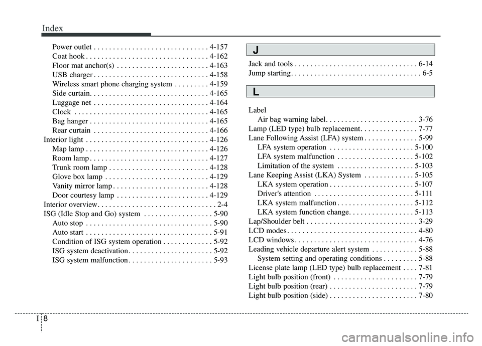 KIA K900 2019  Owners Manual Index
8I
Power outlet . . . . . . . . . . . . . . . . . . . . . . . . . . . . . . 4-157
Coat hook . . . . . . . . . . . . . . . . . . . . . . . . . . . . . . . . 4-162
Floor mat anchor(s) . . . . . . 