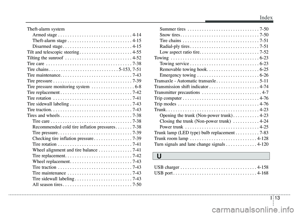 KIA K900 2019  Owners Manual I13
Index
Theft-alarm systemArmed stage . . . . . . . . . . . . . . . . . . . . . . . . . . . . . . . 4-14
Theft-alarm stage . . . . . . . . . . . . . . . . . . . . . . . . . . . 4-15
Disarmed stage .