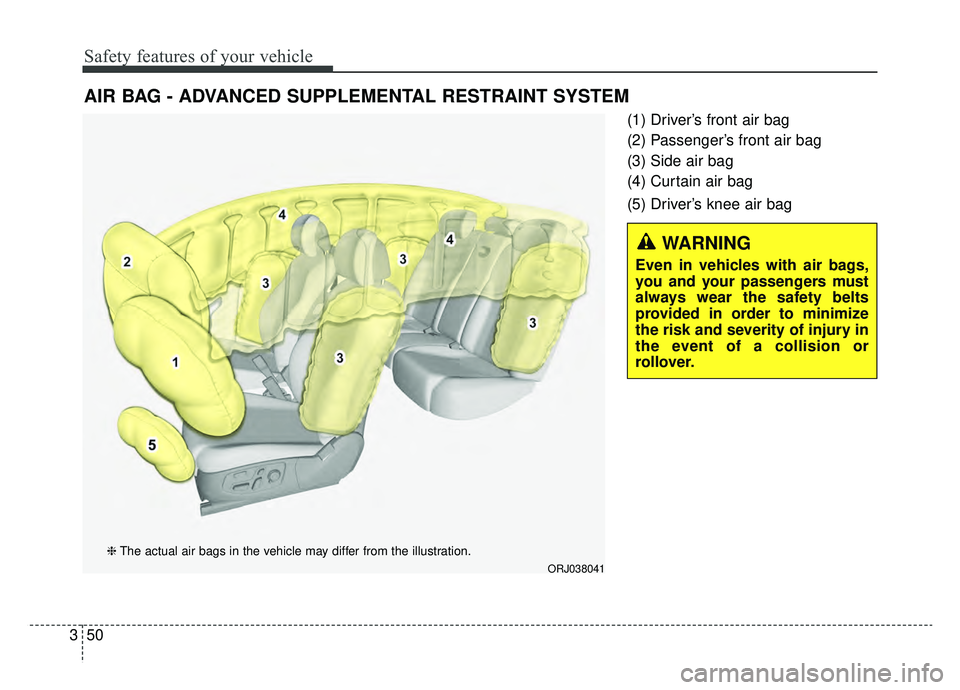 KIA K900 2019 Repair Manual Safety features of your vehicle
50
3
(1) Driver’s front air bag
(2) Passenger’s front air bag
(3) Side air bag
(4) Curtain air bag
(5) Driver’s knee air bag
AIR BAG - ADVANCED SUPPLEMENTAL RESTR