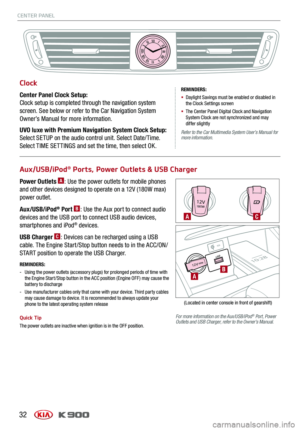 KIA K900 2019  Features and Functions Guide CENTER PANEL
32
12V1BOW
USB10:2812V18OW
For more information on the Aux/USB/iPod® Port, Power Outlets and USB Charger, refer to the Owner’s Manual.
REMINDERS: 
 - 
Using the power outlets (accessor