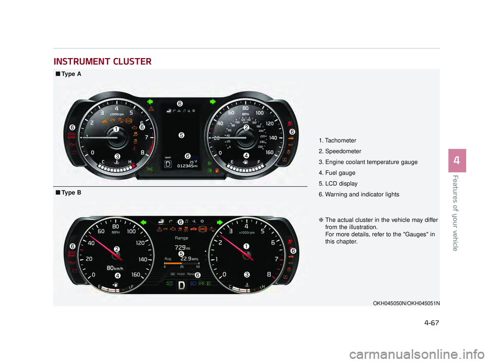 KIA K900 2017  Owners Manual Features of your vehicle
4
4-67
INSTRUMENT CLUSTER
1. Tachometer 
2. Speedometer
3. Engine coolant temperature gauge
4. Fuel gauge
5. LCD display
6. Warning and indicator lights
OKH045050N/OKH045051N

