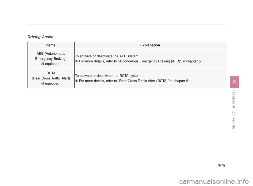 KIA K900 2017 Owners Manual Features of your vehicle
4
4-79
Driving Assist
ItemsExplanation
AEB (Autonomous
Emergency Braking) (if equipped)To activate or deactivate the AEB system.
❈ For more details, refer to "Autonomous Eme KIA K900 2017 Owners Manual Features of your vehicle
4
4-79
Driving Assist
ItemsExplanation
AEB (Autonomous
Emergency Braking) (if equipped)To activate or deactivate the AEB system.
❈ For more details, refer to "Autonomous Eme