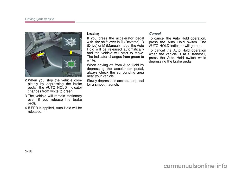 KIA K900 2017  Owners Manual 5-38
Driving your vehicle
2.When you stop the vehicle com-pletely by depressing the brake
pedal, the AUTO HOLD indicator
changes from white to green.
3.The vehicle will remain stationary even if you r
