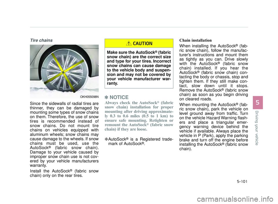 KIA K900 2017  Owners Manual Driving your vehicle
5
5-101
Tire chains 
Since the sidewalls of radial tires are
thinner, they can be damaged by
mounting some types of snow chains
on them. Therefore, the use of snow
tires is recomm